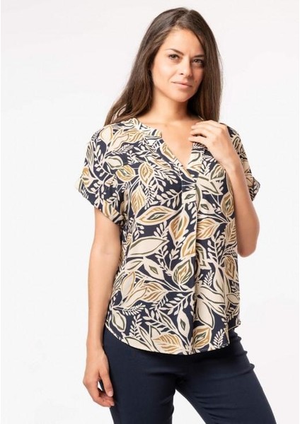 Kadın Lacivert Yaprak Desenli V Yaka Bluz , Kadın Bluz fiyatları
