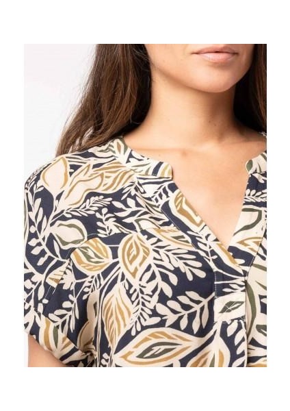 Kadın Lacivert Yaprak Desenli V Yaka Bluz , Kadın Bluz modelleri