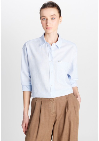 Relaxed Fit Geniş Kesim Uzun Kollu Keten Karışımlı Mavi Gömlek