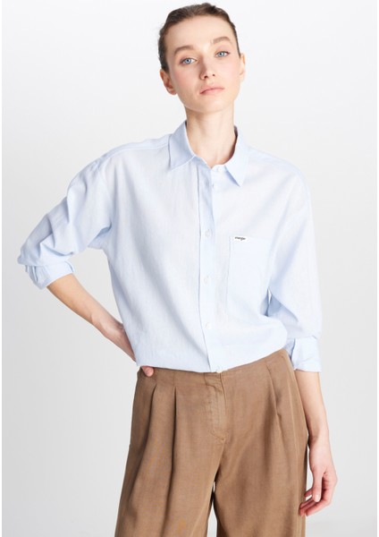 Relaxed Fit Geniş Kesim Uzun Kollu Keten Karışımlı Mavi Gömlek fiyatları
