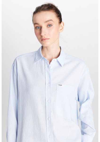 Relaxed Fit Geniş Kesim Uzun Kollu Keten Karışımlı Mavi Gömlek modelleri