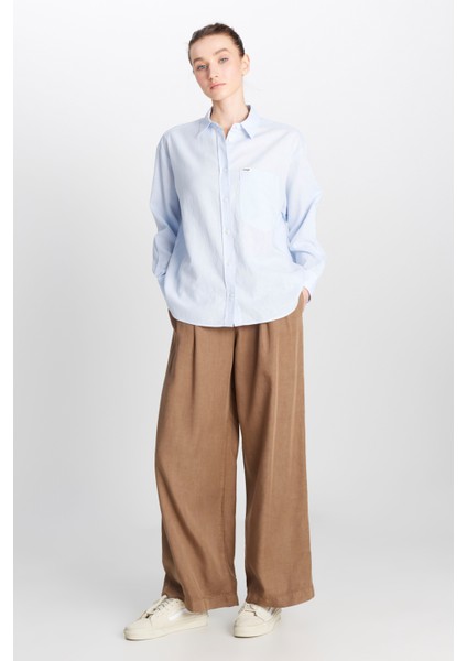Relaxed Fit Geniş Kesim Uzun Kollu Keten Karışımlı Mavi Gömlek fırsatları