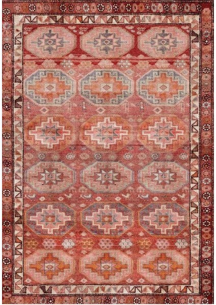 Siesta Etnik 32-359 Etnik Eskitme Desenli Dokuma Tabanlı Yıkanabilir Şönil Salon ve Oda Halısı