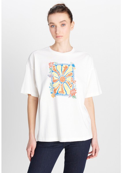 Loose Fit Rahat Kesim Bisiklet Yaka %100 Pamuk Kırık Beyaz Tişört