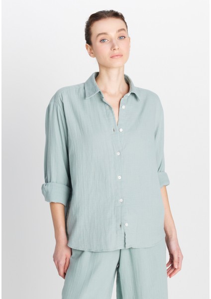 %100 Pamuk Relaxed Fit Geniş Kesim Koyu Yeşil Müslin Gömlek