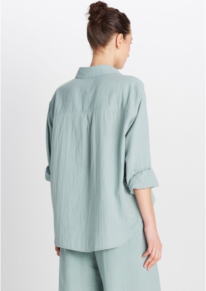 %100 Pamuk Relaxed Fit Geniş Kesim Koyu Yeşil Müslin Gömlek indirimleri