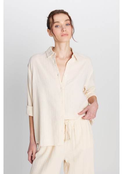 %100 Pamuk Relaxed Fit Geniş Kesim Ekru Müslin Gömlek