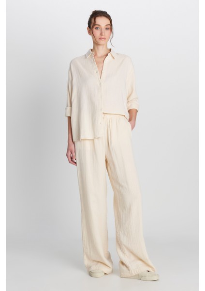 %100 Pamuk Relaxed Fit Geniş Kesim Ekru Müslin Gömlek modelleri