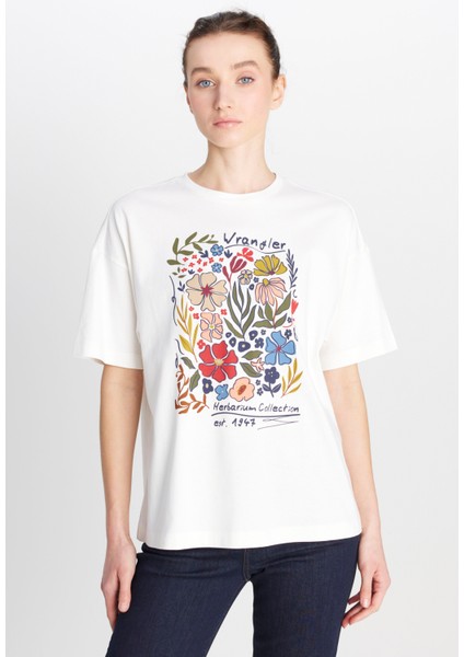 Loose Fit Rahat Kesim Bisiklet Yaka %100 Pamuk Kırık Beyaz Tişört