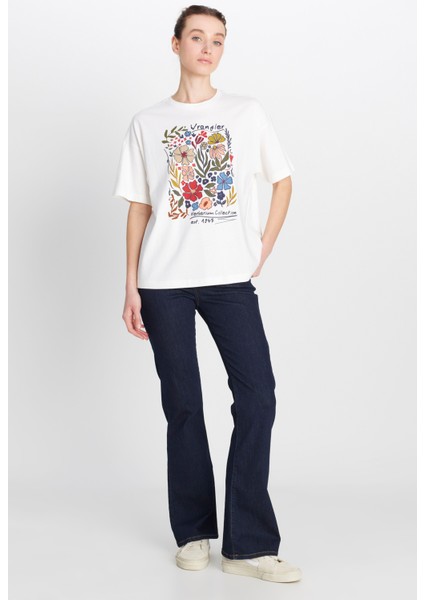 Loose Fit Rahat Kesim Bisiklet Yaka %100 Pamuk Kırık Beyaz Tişört modelleri