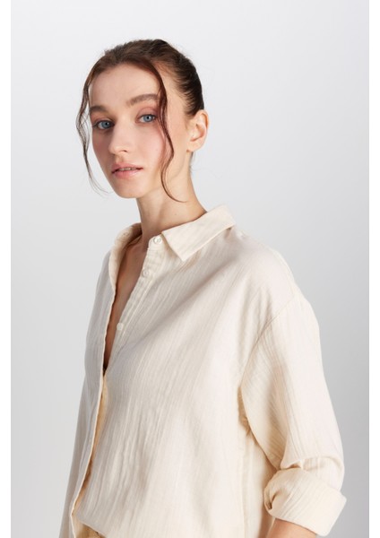 %100 Pamuk Relaxed Fit Geniş Kesim Ekru Müslin Gömlek fırsatları