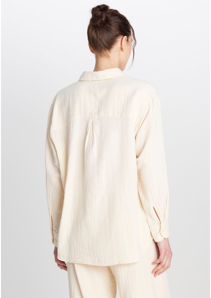 %100 Pamuk Relaxed Fit Geniş Kesim Ekru Müslin Gömlek indirimleri