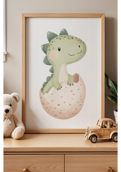 Yumurtadan Yeni Çıkmış Sevimli Dinozor - Doğal Ahşap Çerçeveli Çocuk Odası ve Bebek Odası Tablosu