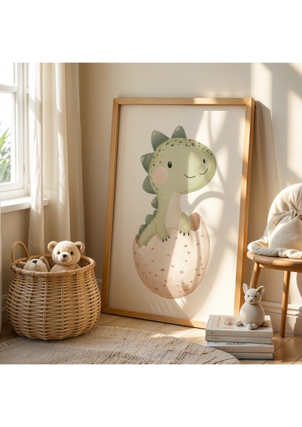 Yumurtadan Yeni Çıkmış Sevimli Dinozor - Doğal Ahşap Çerçeveli Çocuk Odası ve Bebek Odası Tablosu fiyatları