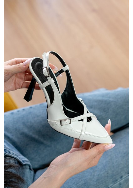 Lorea Beyaz Rugan (10 cm Topuk Boyu ) Sivri Burun Topuklu Ayakkabı modelleri