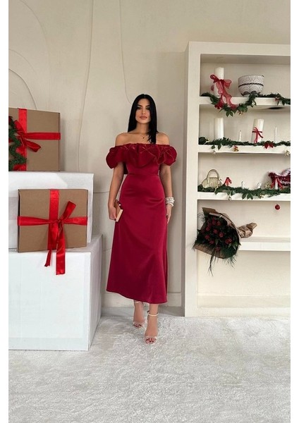 Bordo Omuz Büzgülü Saten Elbise