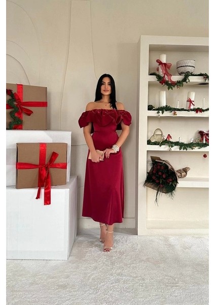 Bordo Omuz Büzgülü Saten Elbise modelleri