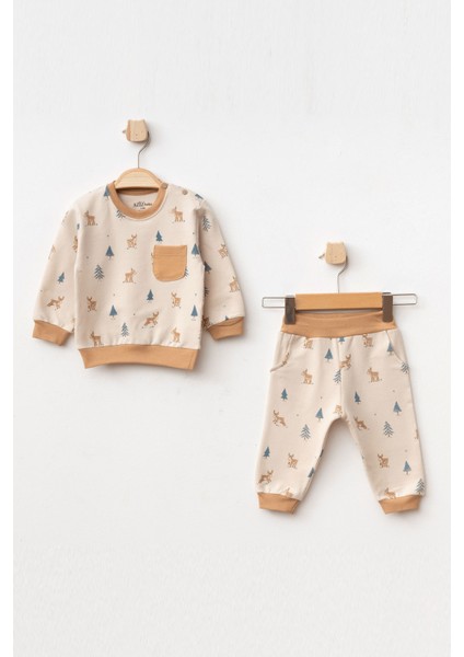Erkek Bebek Geyik Desenli Sweatshirt Pantolon 2 'li Alt Üst Bebek Takımı 3 Ay - 18 Ay