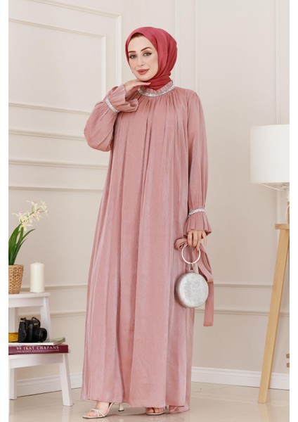 Simli Taşlı Abiye Elbise-Pembe