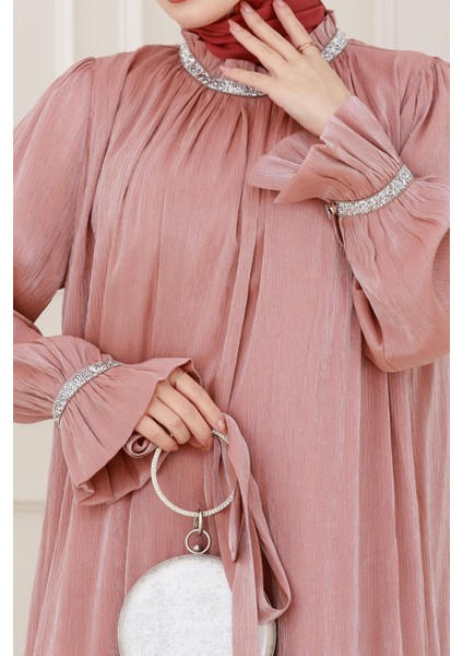 Simli Taşlı Abiye Elbise-Pembe fırsatları