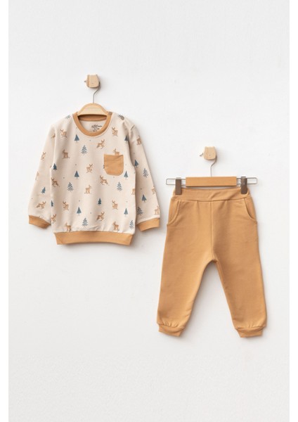 Erkek Bebek Geyik Desenli Sweatshirt Pantolon 2 'li Alt Üst Bebek Takımı 3 Ay - 18 Ay