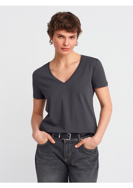 3470 V Yaka Basic T-Shirt-Koyu Antr.