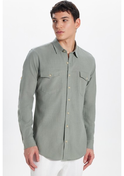 Erkek Slim Fit Dar Kesim %100 Pamuk Keten Doku Çift Cep Spor Yaka Açık Haki Gömlek