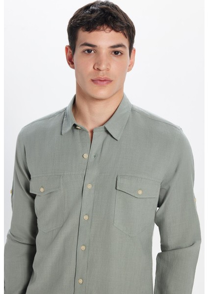 Erkek Slim Fit Dar Kesim %100 Pamuk Keten Doku Çift Cep Spor Yaka Açık Haki Gömlek