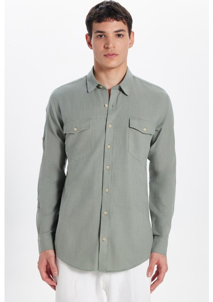 Erkek Slim Fit Dar Kesim %100 Pamuk Keten Doku Çift Cep Spor Yaka Açık Haki Gömlek