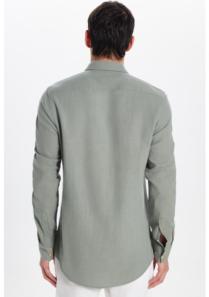 Erkek Slim Fit Dar Kesim %100 Pamuk Keten Doku Çift Cep Spor Yaka Açık Haki Gömlek