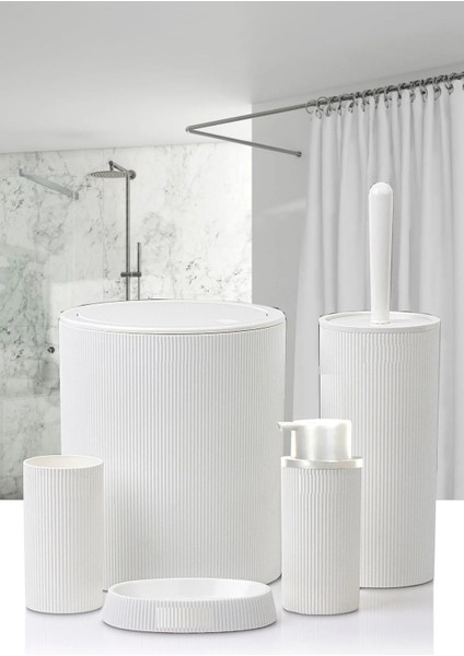 5 Parça Vip Banyo Seti - Dekoratif Yuvarlak Pratik Kapak Çöp Kovası Diş Fırçalık Sabunluk Fırça Seti