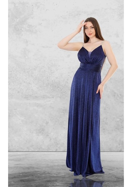 Lacivert Maxi Askılı Poliamid Abiye Özel Gün / Mezuniyet Elbisesi