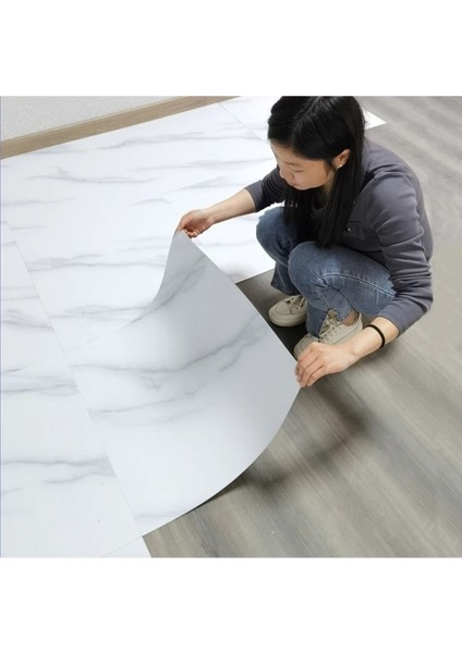 Yapışkanlı Mermer Desenli Kalın Pvc Yer Kaplama Panel Beyaz 60*60 cm 4 Adet 1, 44MT2