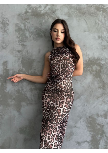 Leopar Desenli Drapeli Elbise