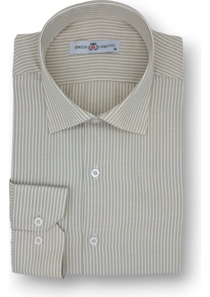 Bej Çizgili Comfort Fit Uzun Kollu Erkek Gömlek