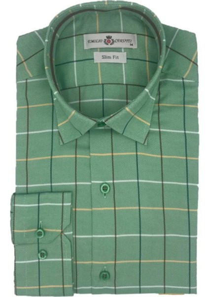 Yeşil Ekose Slim Fit Uzun Kollu Erkek Gömlek