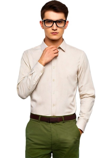 Bej Comfort Fit Uzun Kollu Erkek Gömlek