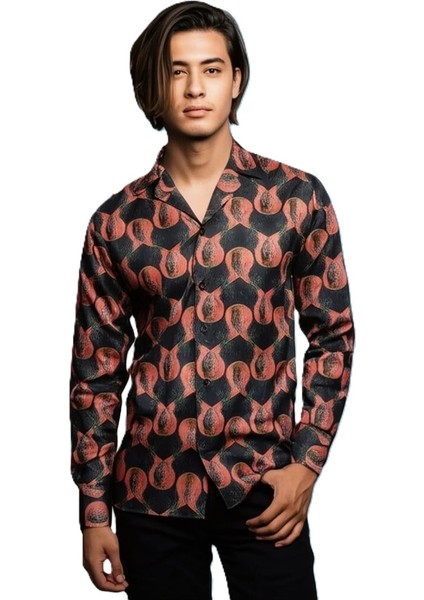 Siyah Kırmızı Desenli Modern Fit Uzun Kollu Erkek Gömlek