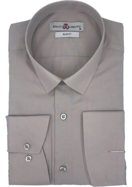 Koyu Gri Dakron Slim Fit Uzun Kollu Erkek Gömlek