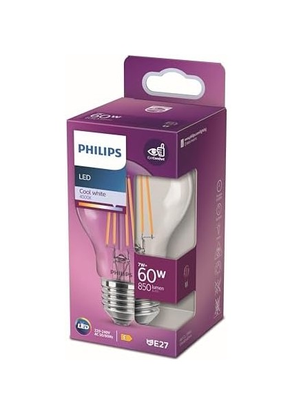 LED Classic 60W A60 Filament Ampul, 4000K Gün Işığı, E27 Normal Duy, Dim Edilmez