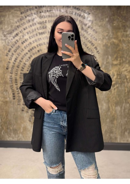 Ouen Siyah Gri Çizgi Kesim Blazer Ceket