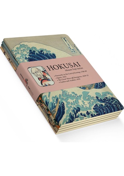 Mount Fuji Series I - A5, Hokusai 4'lü Defter Seti I, Çizgisiz, Toplam 256 Sayfa, Her Biri 64 Sayfa, Tel Dikiş, Esnek Kapak, Oval Kenar, Tuval Doku, 60 Gram, Sarı Krem Renk