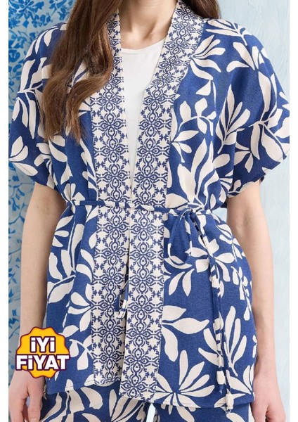 Kadın Regular Fit Desenli Kuşaklı Kısa Kollu Keten Kimono , Plaj Kimono