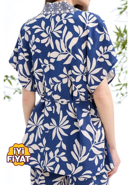 Kadın Regular Fit Desenli Kuşaklı Kısa Kollu Keten Kimono , Plaj Kimono modelleri