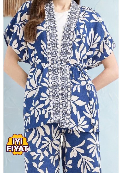 Kadın Regular Fit Desenli Kuşaklı Kısa Kollu Keten Kimono , Plaj Kimono fırsatları
