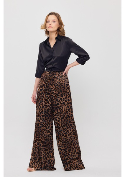 9410 Leopar Desen Saten Palazzo/dökümlü Pantolon Kahve