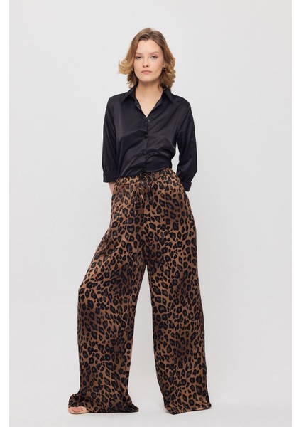 9410 Leopar Desen Saten Palazzo/dökümlü Pantolon Kahve fırsatları