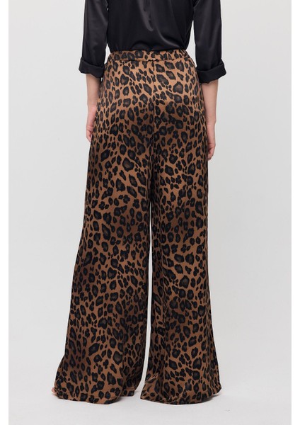 9410 Leopar Desen Saten Palazzo/dökümlü Pantolon Kahve indirimleri