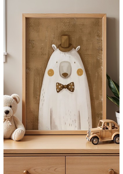 Papyonlu Şirin Kutup Ayısı Çocuk Odası Ahşap Çerçeveli Duvar Tablosu