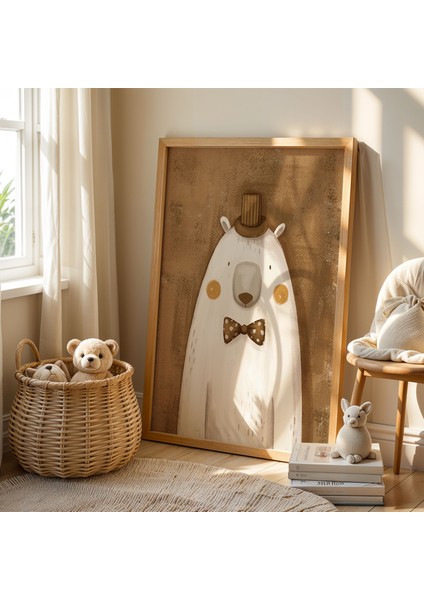 Papyonlu Şirin Kutup Ayısı Çocuk Odası Ahşap Çerçeveli Duvar Tablosu fiyatları